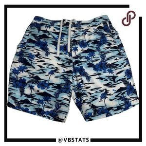 Onia “The Charles” Medium Swim Trunks Great Blue Palm & Hibiscus Design